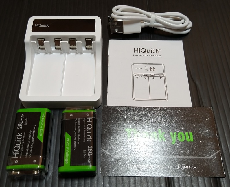 HiQuick ニッケル水素6P形9V電池280mAh 2スロット充電器（本体と添付品）