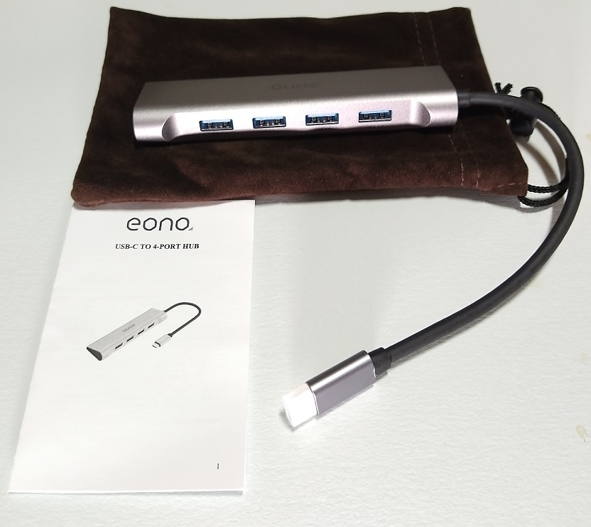 Eono(イオー ノ) 4ポート USB3.0ハブメタル ケース付き（本体と添付品）